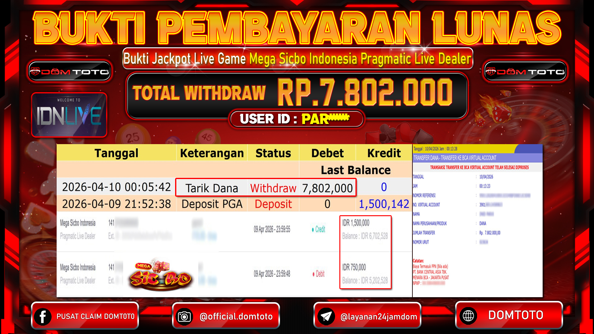 JACKPOT LIVEGAMES Mega Sicbo Indonesia Pragmatic Live Dealer 09 APRIL 2026